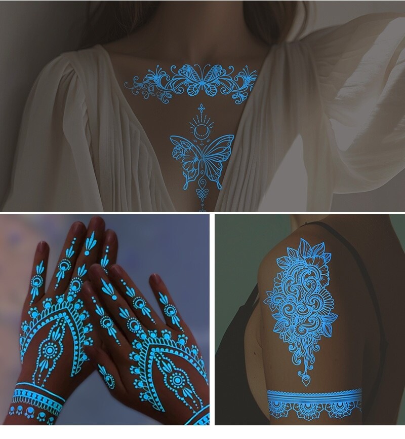 Glowing blue temporary tattoos on a person's skin with intricate designs.